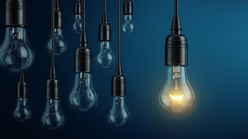 Collection of light bulbs with one turned on; PR; Tech PR; thought leadership; digital marketing; content marketing; public relations; Irish technology sector