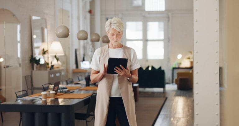 Property, tablet or woman in real estate with digital marketing research for online advertising. Pr